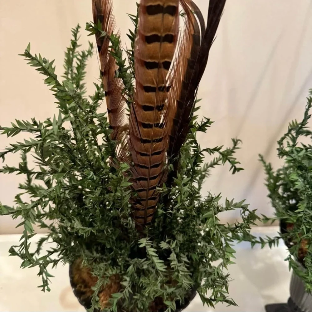 Set 2 Urns Pheasant Feathers Floral Arrangements Large Tabletop Decor Rustic